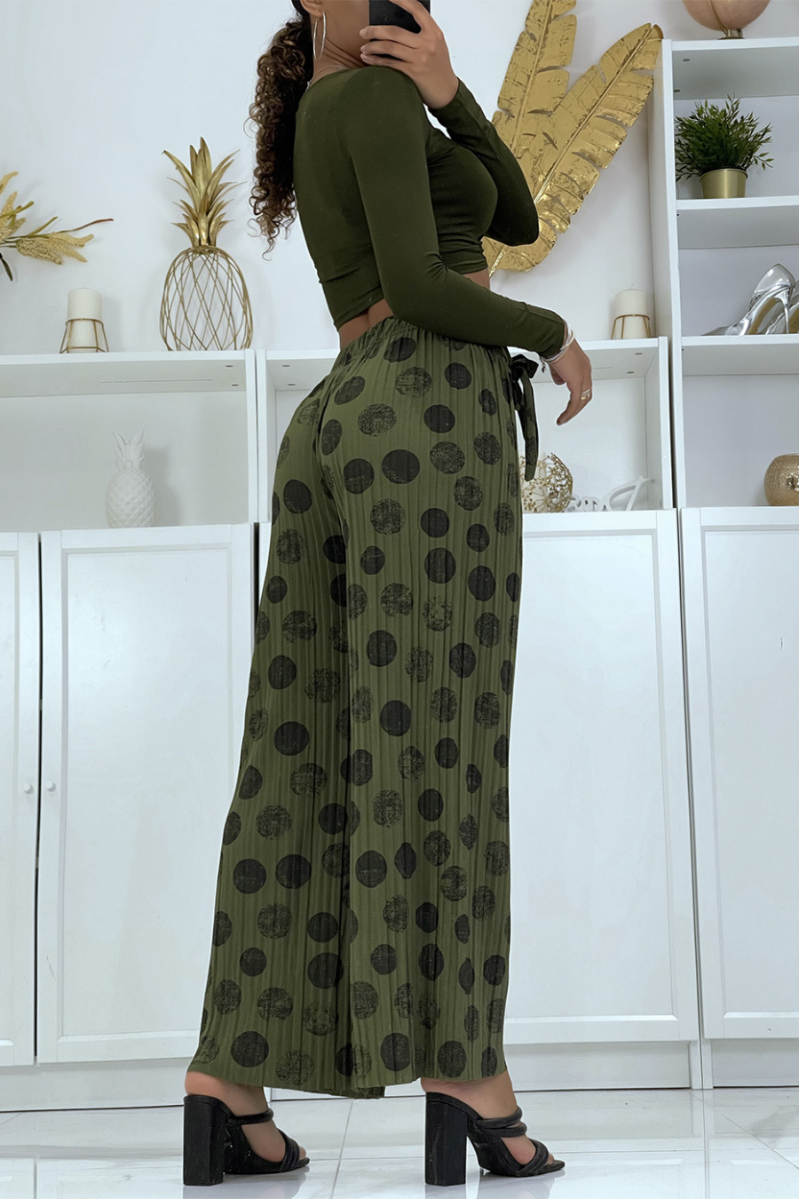 Pantalon palazzo plissé kaki avec motif - 1