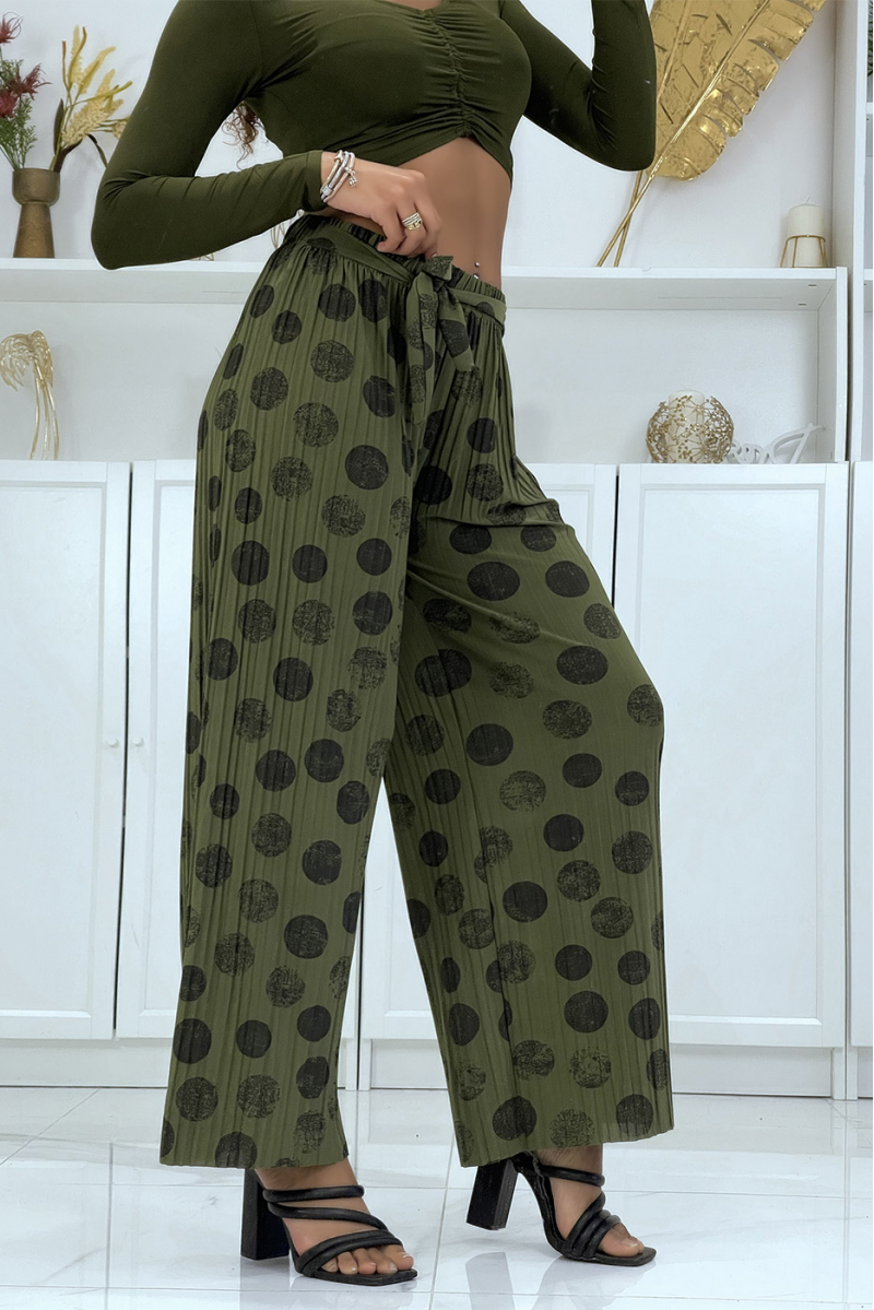 Khaki pleated palazzo pants with pattern - 3