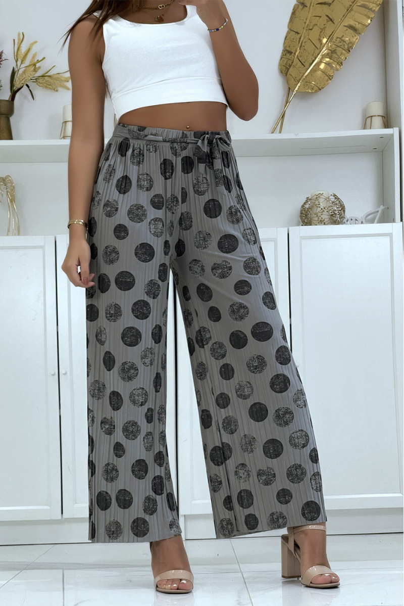 Gray pleated palazzo pants with pattern - 1