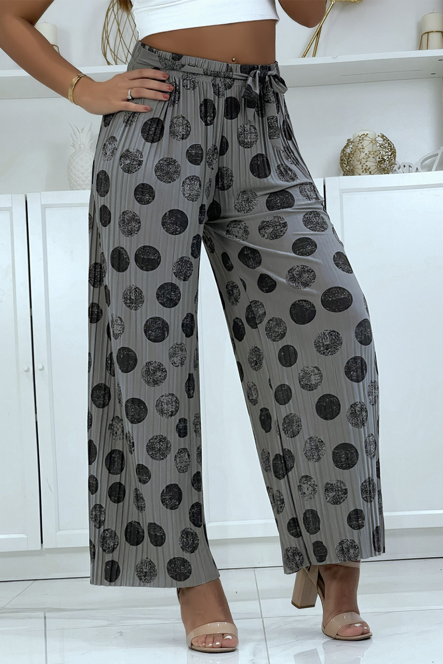 Pantalon palazzo plissé gris avec motif - 3