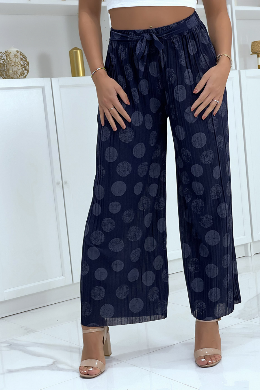 Pantalon palazzo plissé marine avec motif
