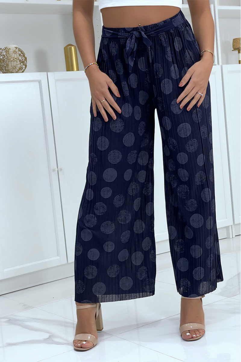 Navy pleated palazzo pants with pattern - 1