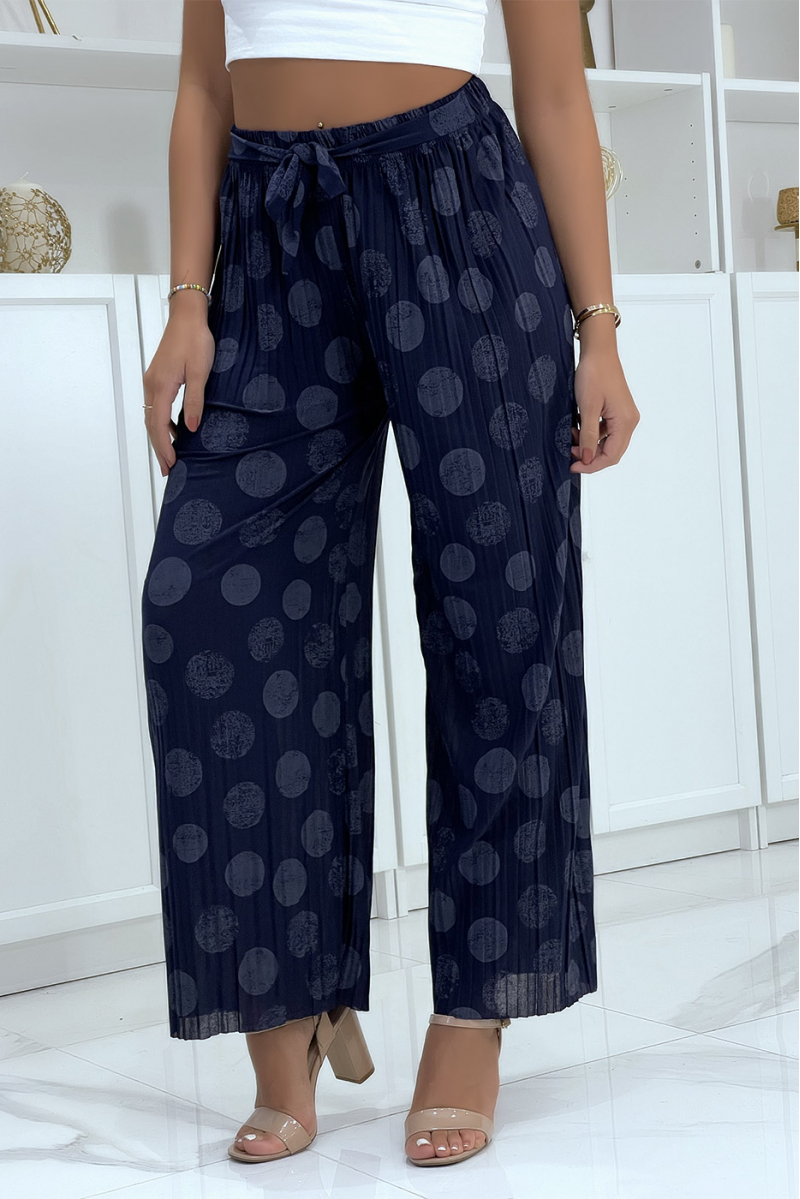 Navy pleated palazzo pants with pattern - 2