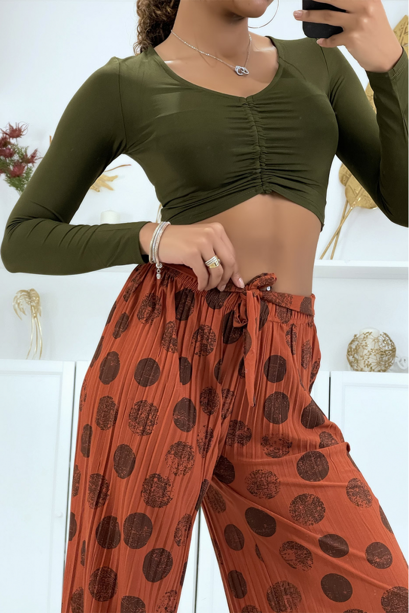 Cognac pleated palazzo pants with pattern - 4