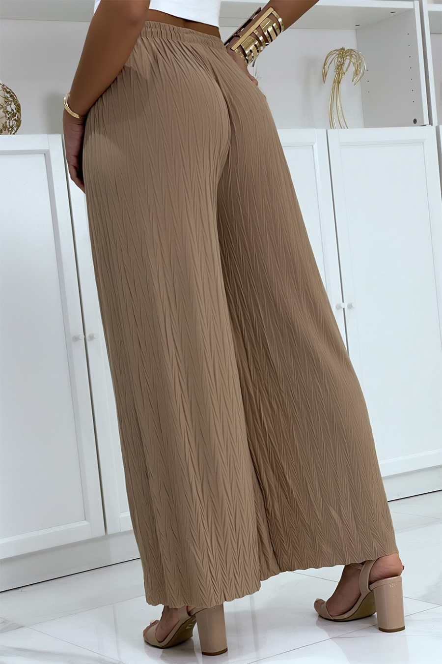 Plain taupe pleated palazzo pants - 5