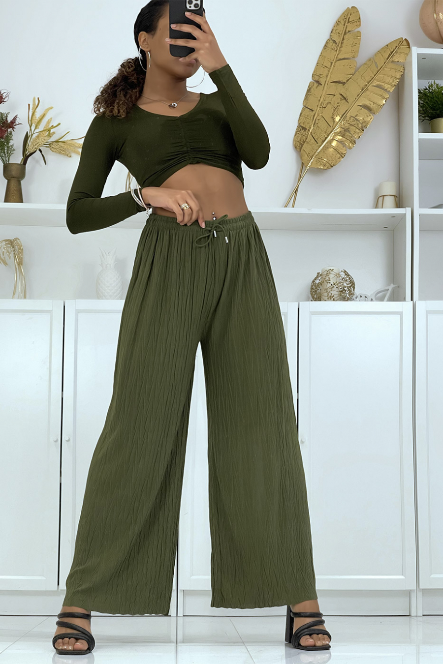 Pantalon palazzo plissé uni kaki - 1