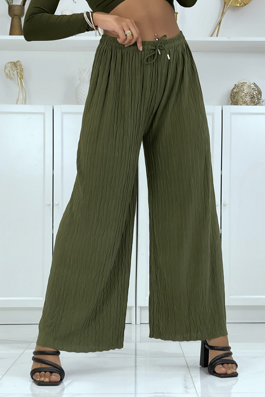 Plain khaki pleated palazzo pants - 2