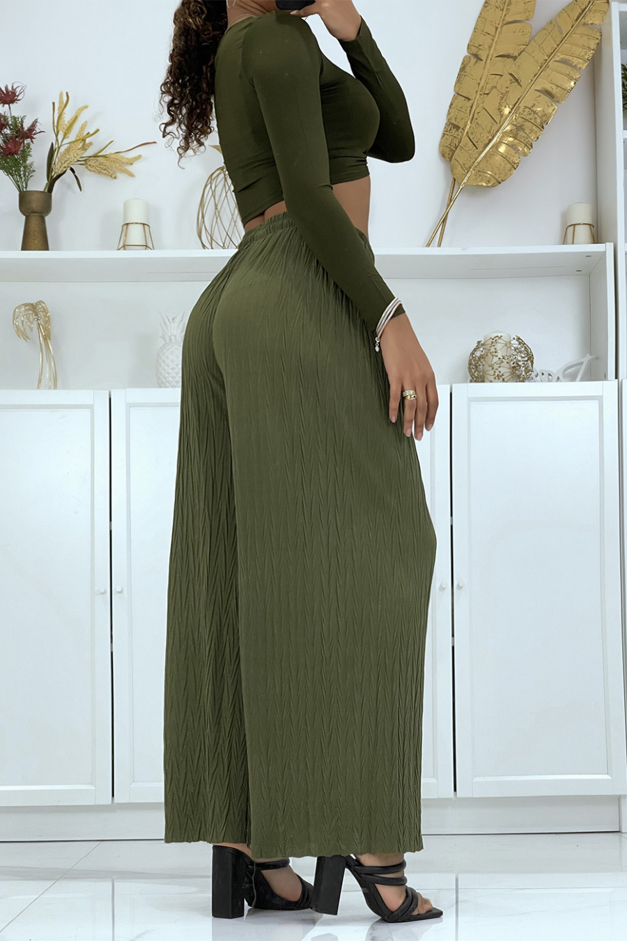 Plain khaki pleated palazzo pants - 3