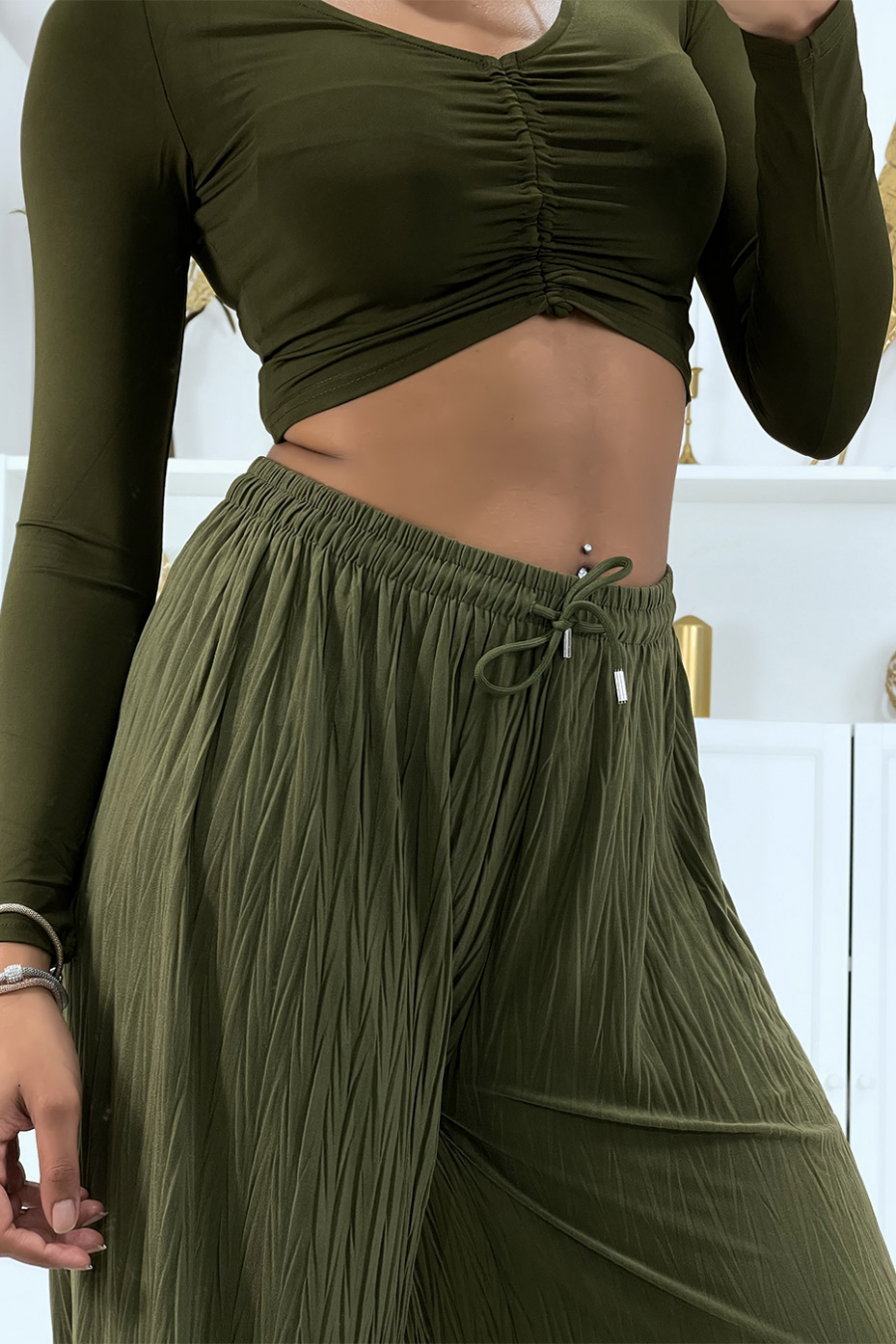 Plain khaki pleated palazzo pants - 4
