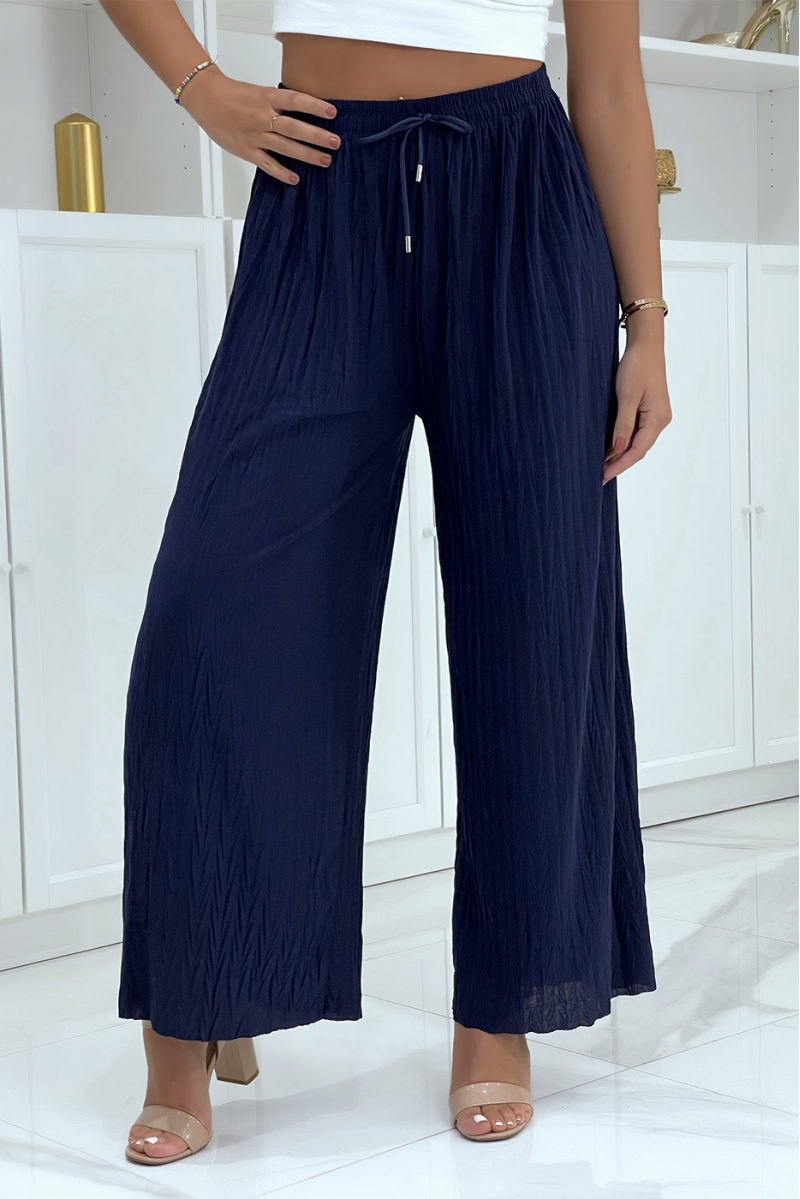 Pantalon palazzo plissé uni marine - 1 Pantalon palazzo plissé uni marine - 1