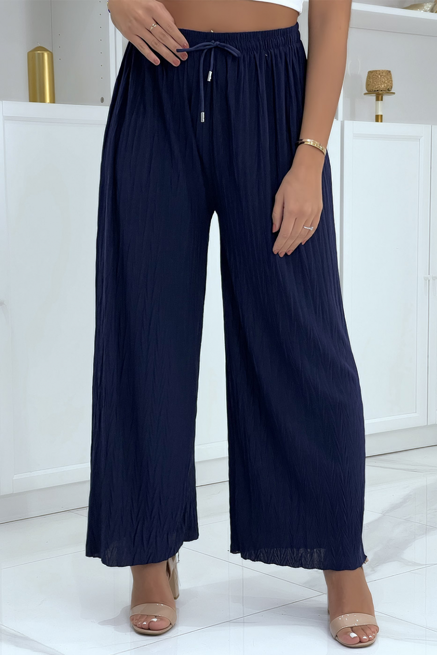 Pantalon palazzo plissé uni marine - 3