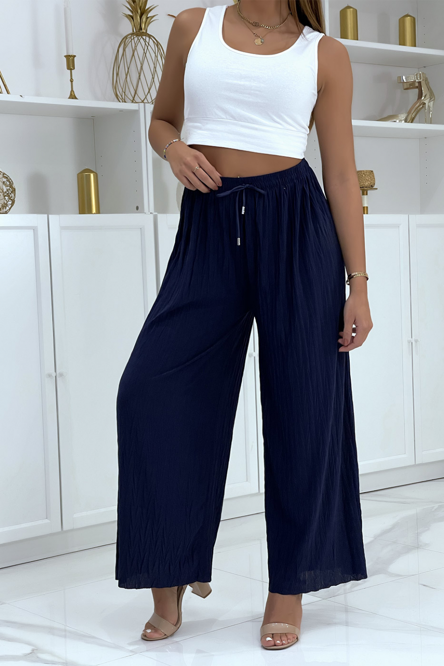 Pantalon palazzo plissé uni marine - 4