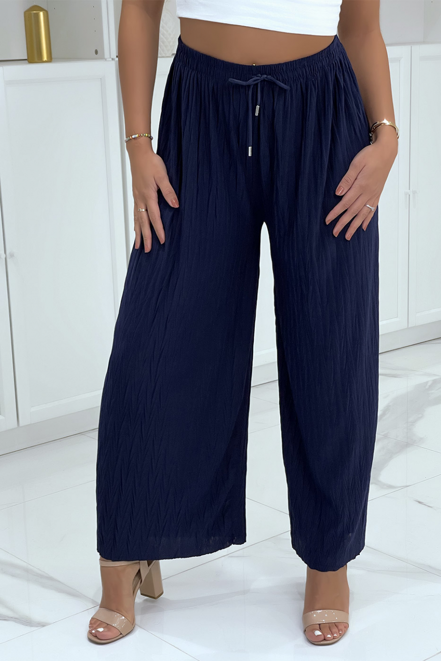 Navy Pleated Palazzo Pants With Pretty Pattern Tailles Taille Unique 36 ...
