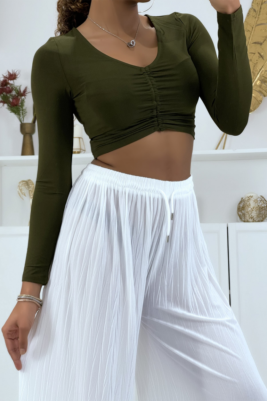 Plain white pleated palazzo pants - 4