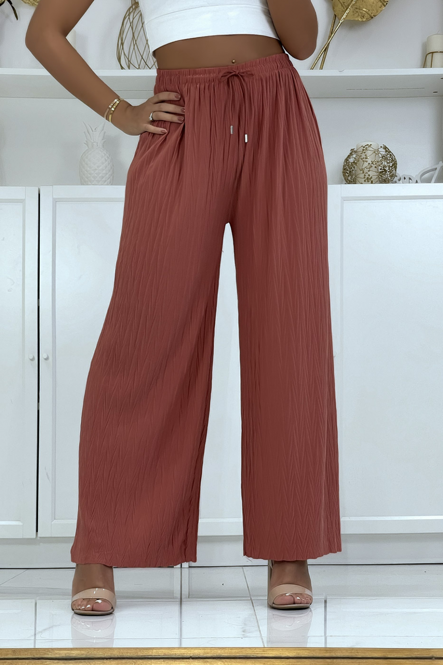 Plain coral pleated palazzo trousers - 1