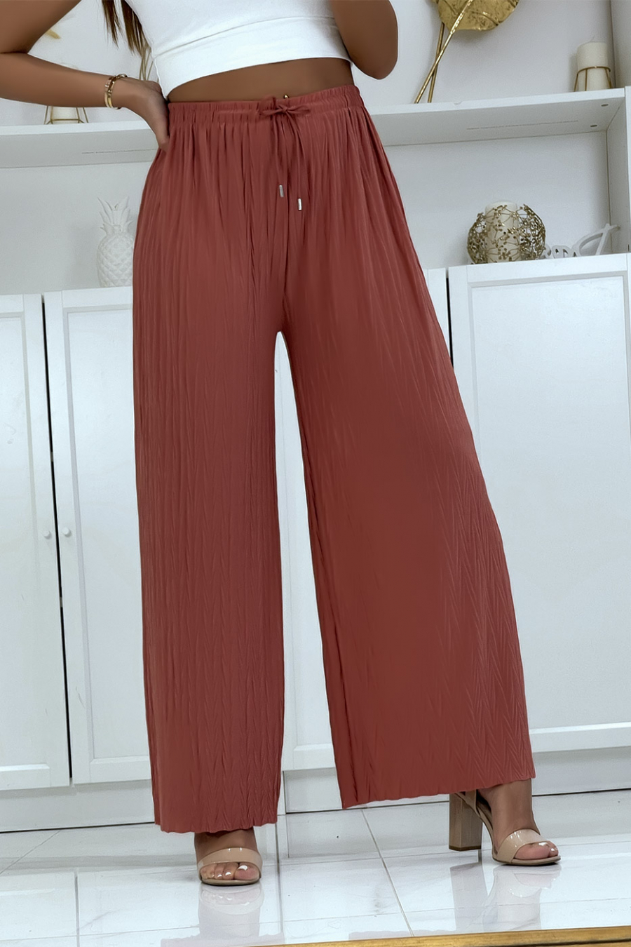 Pantalon palazzo plissé uni corail - 2