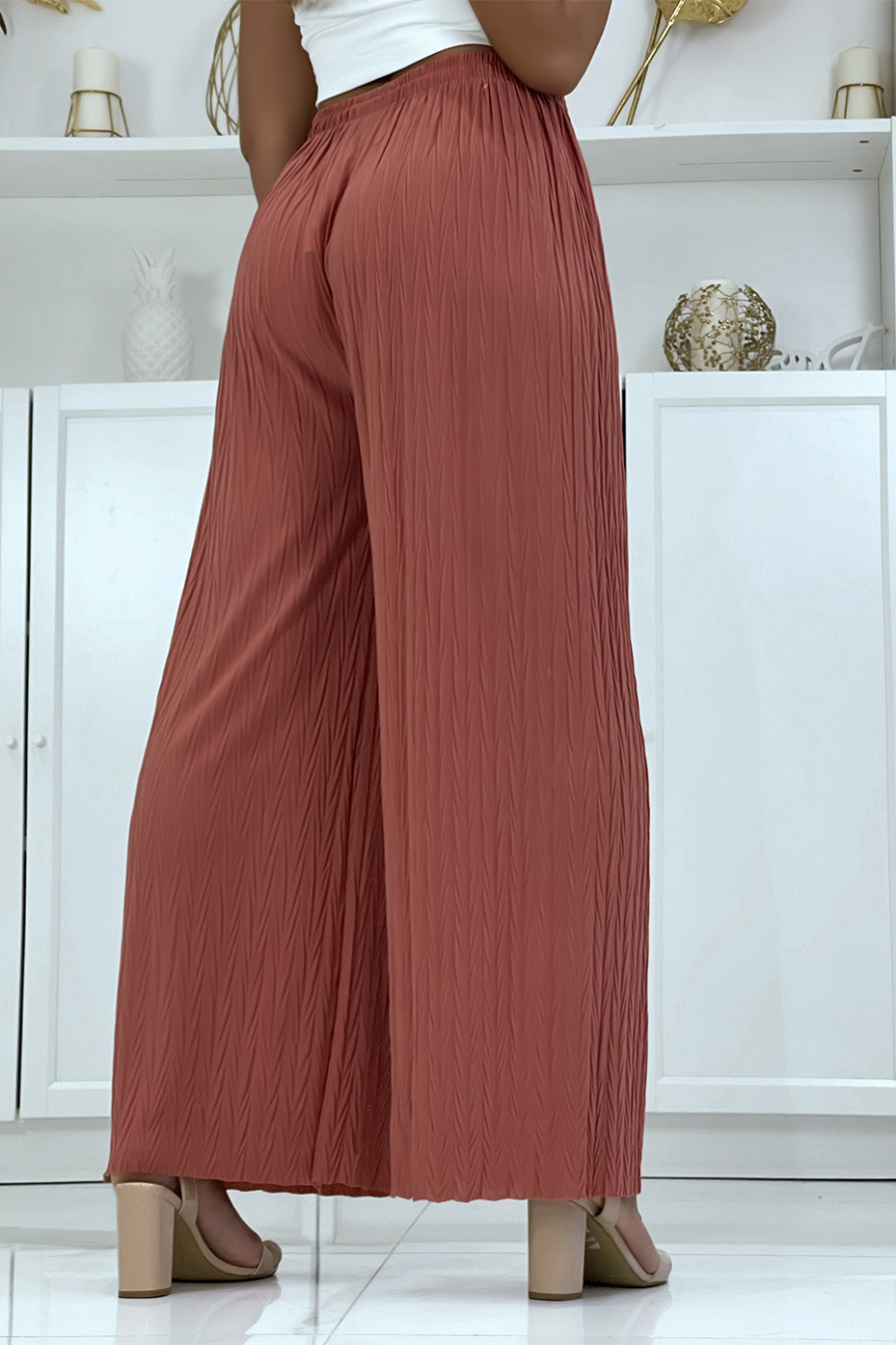 Pantalon palazzo plissé uni corail - 3