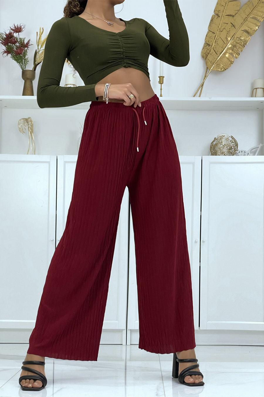 Pantalon palazzo plissé uni bordeaux - 1