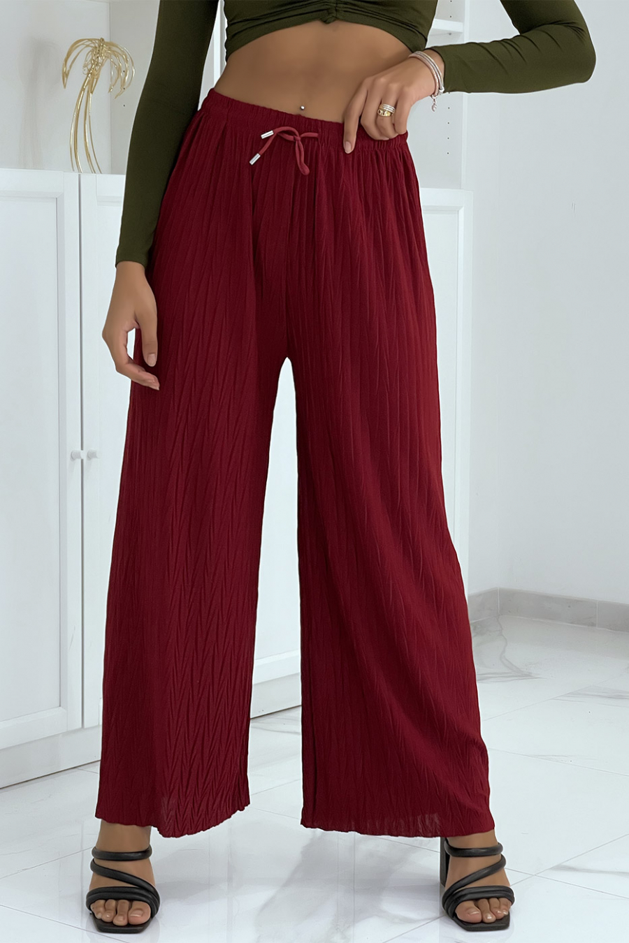 Plain burgundy pleated palazzo pants - 5