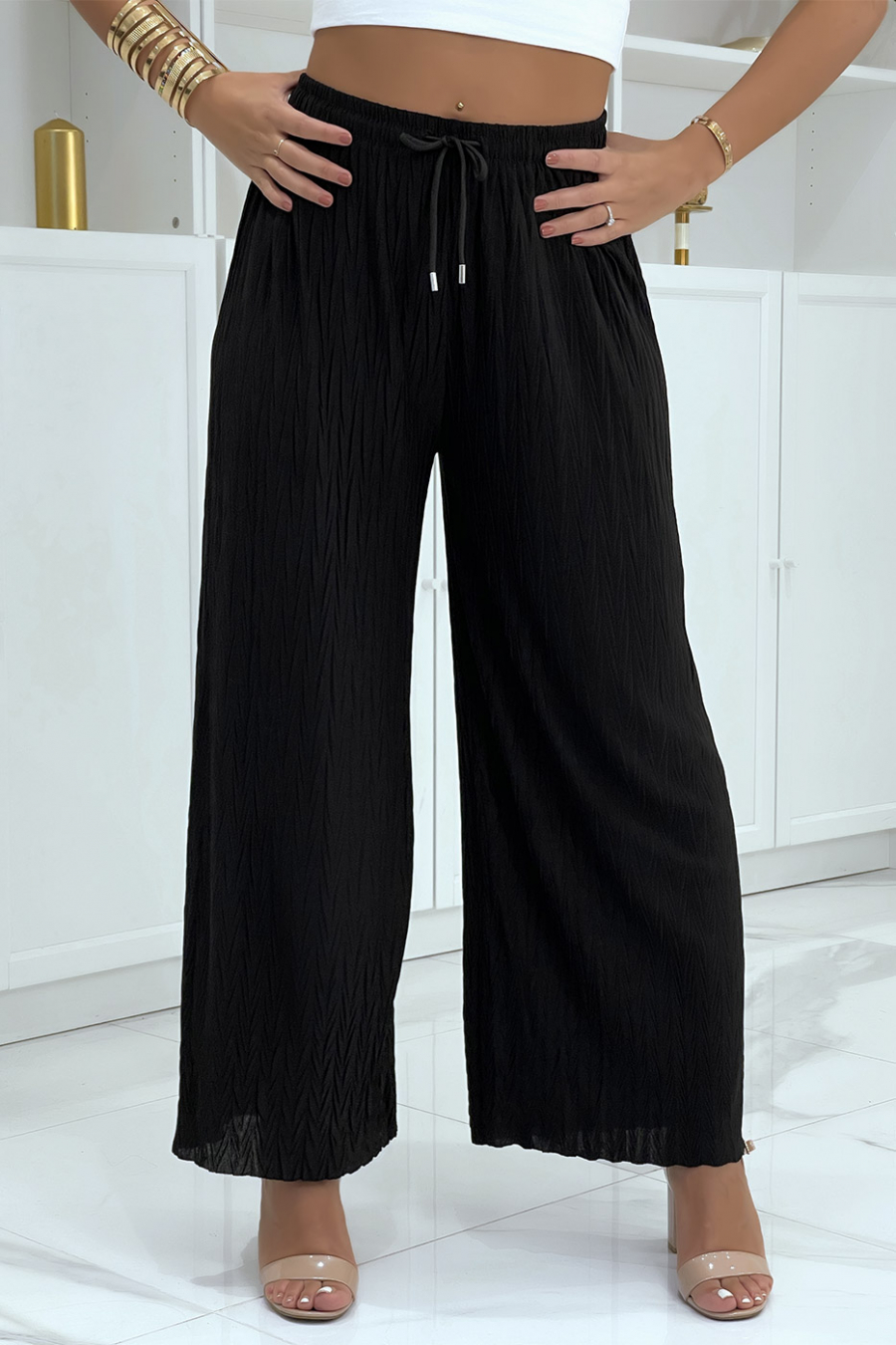 Plain black pleated palazzo pants - 5