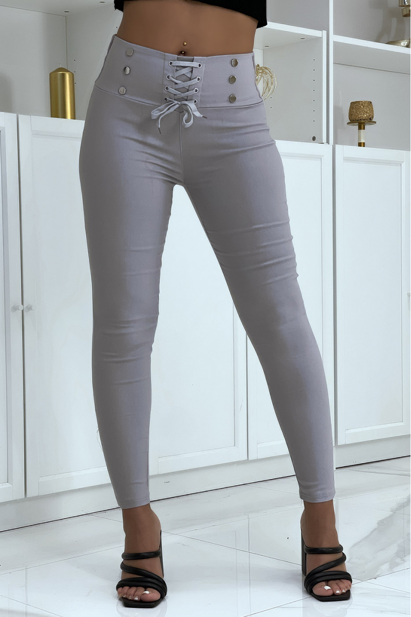 Pantalon strech gris avec lacet et boutons - 4