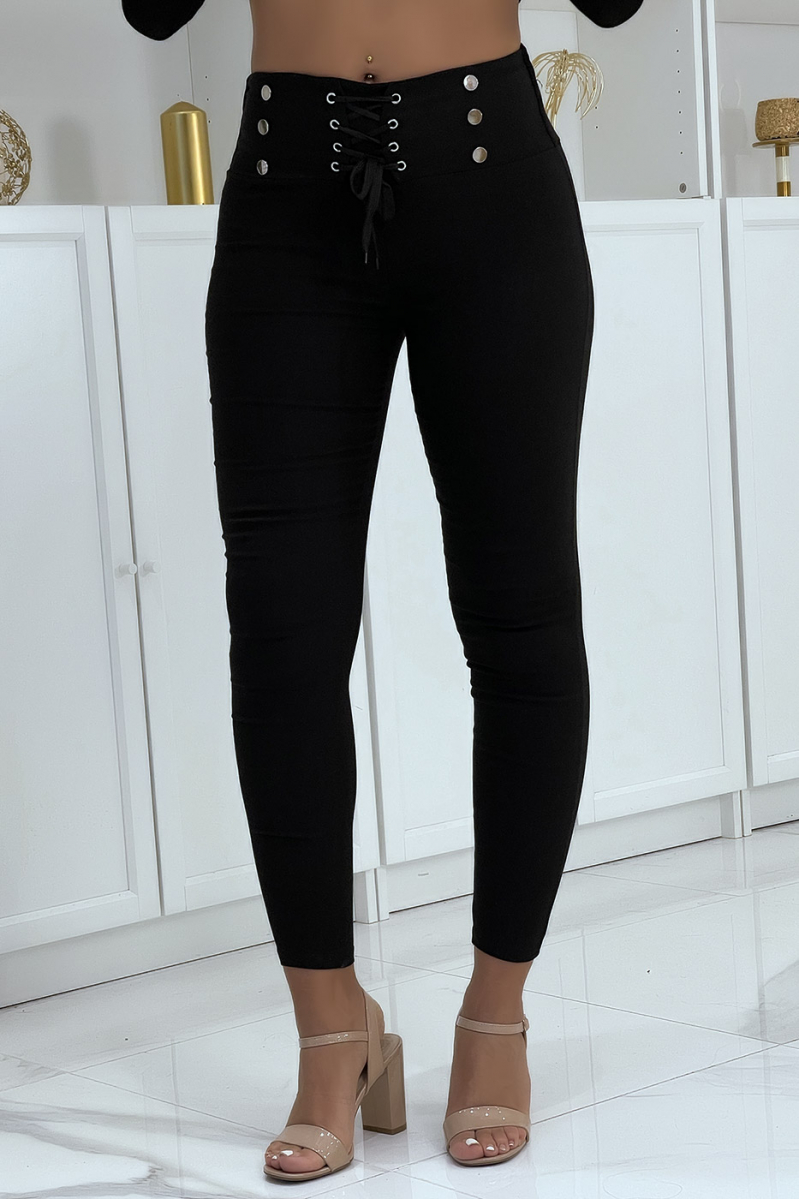Pantalon strech noir avec lacet et boutons - 1 Pantalon strech noir avec lacet et boutons - 1