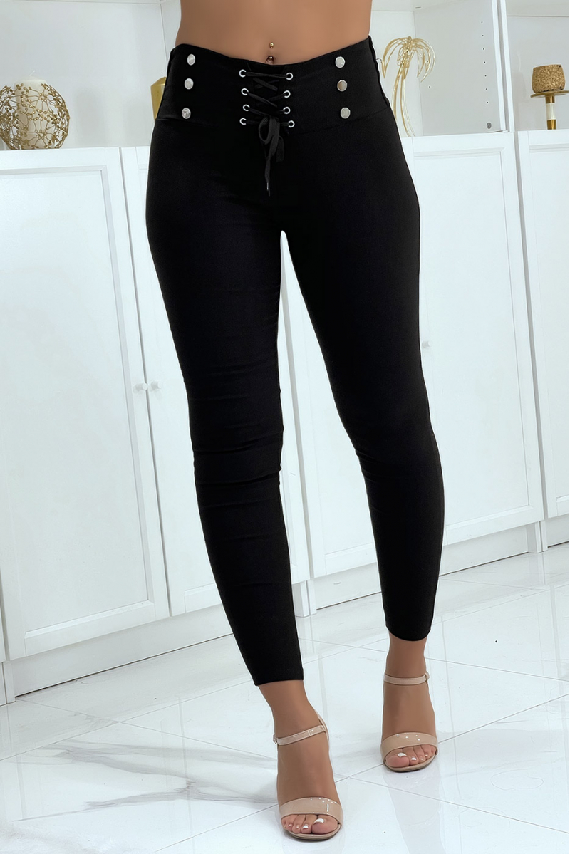 Pantalon strech noir avec lacet et boutons - 3 Pantalon strech noir avec lacet et boutons - 3