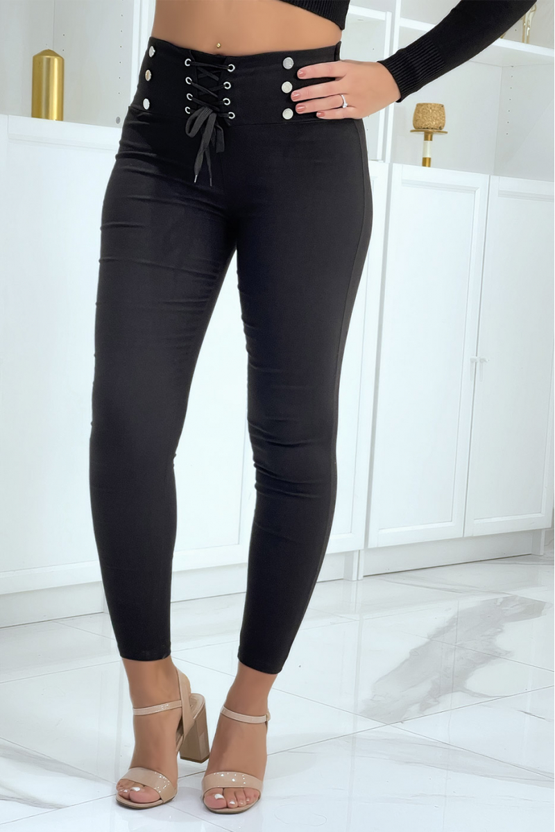 Pantalon strech noir avec lacet et boutons - 6 Pantalon strech noir avec lacet et boutons - 6