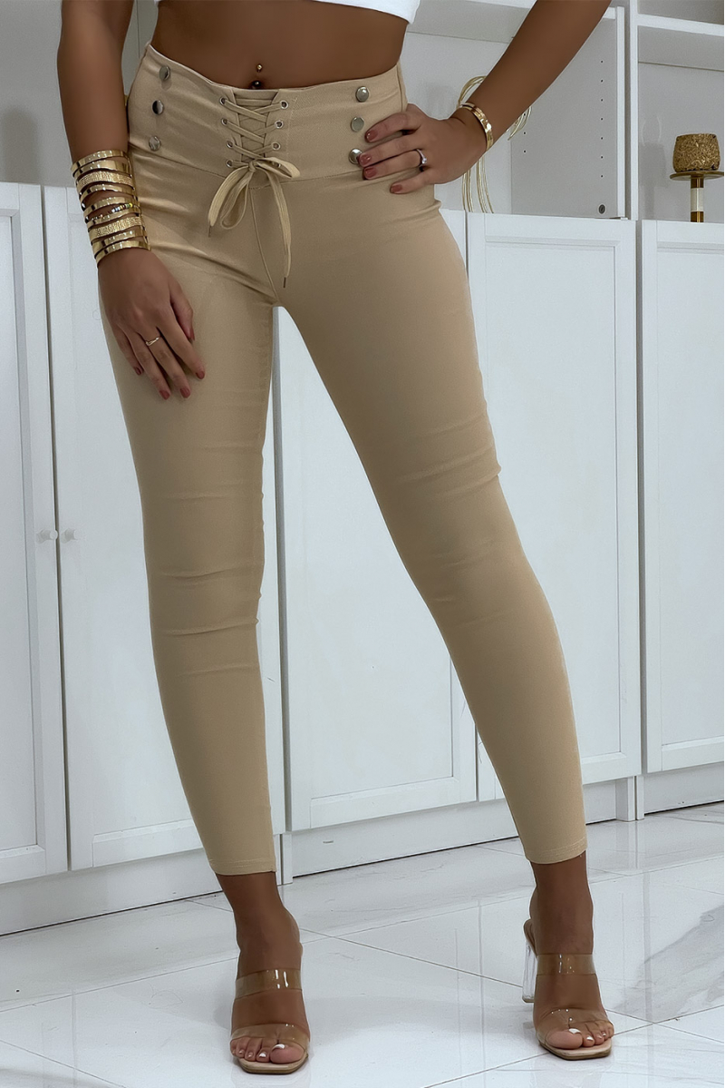 Pantalon strech taupe avec lacet et boutons - 3