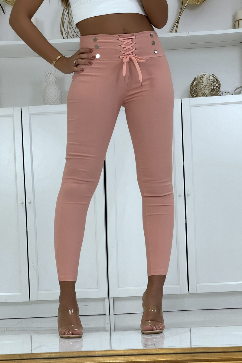 Pantalon strech rose avec lacet et boutons - 6