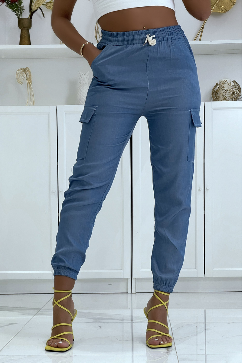 Pantalon jogging cargo couleur jeans Bleu Foncé - 1