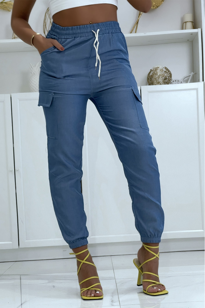 Pantalon jogging cargo couleur jeans Bleu Foncé - 3