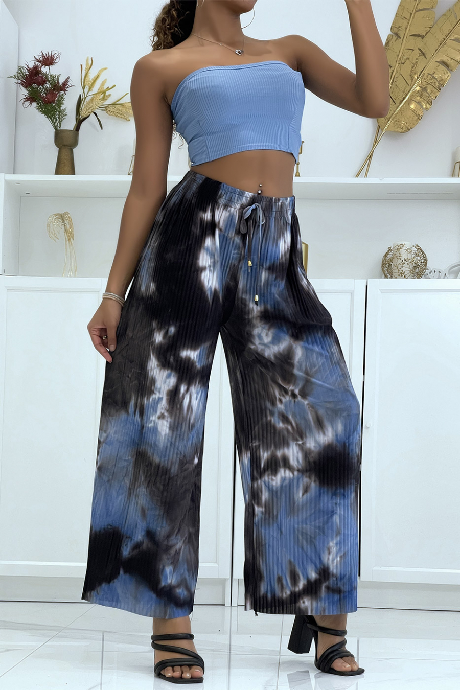 Black Tie Dye Pleated Palazzo Pants