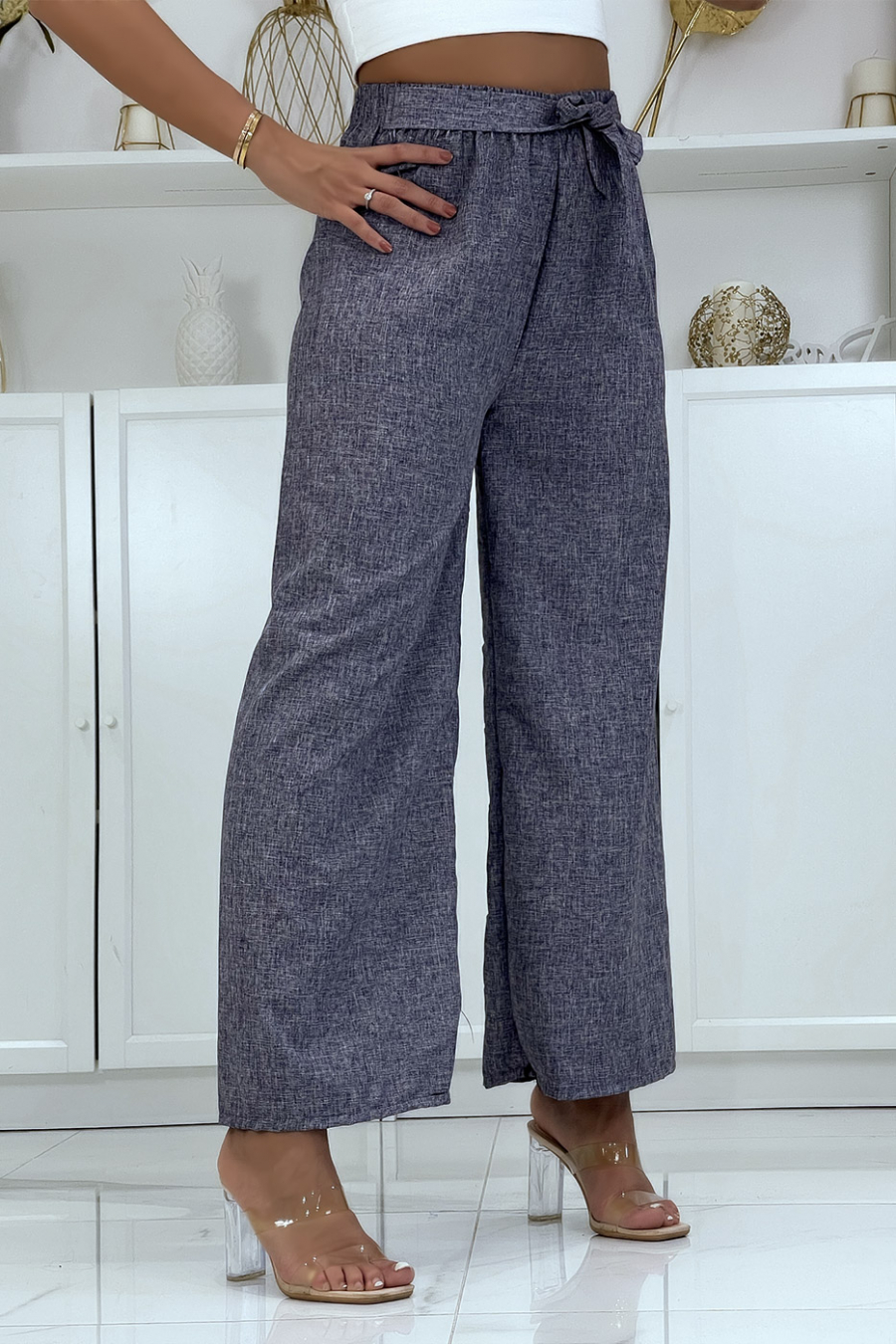 Pantalon palazzo dans une jolie matière bleu chiné - 1