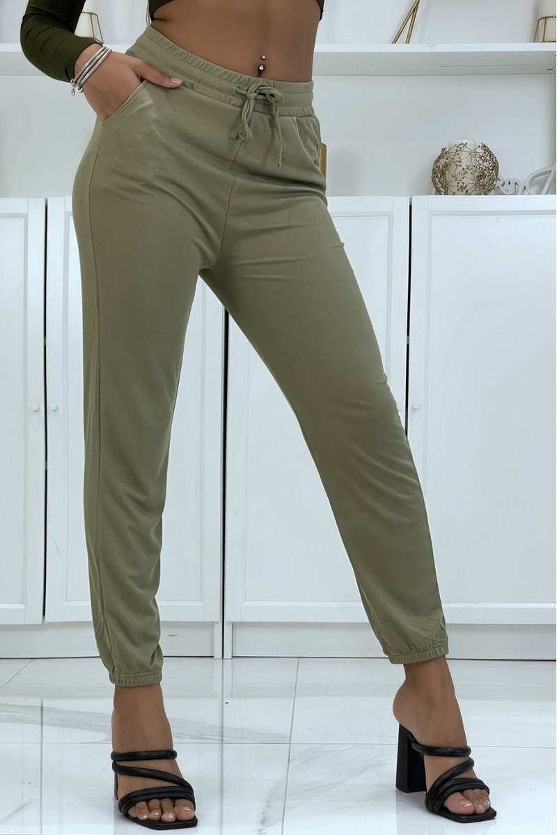 Khaki joggers with pockets in a pretty ribbed material - 1