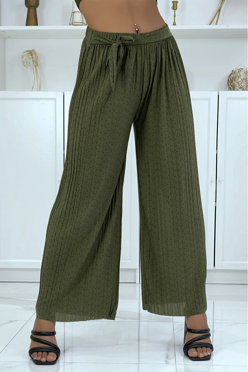 Khaki pleated palazzo pants with pretty pattern - 5