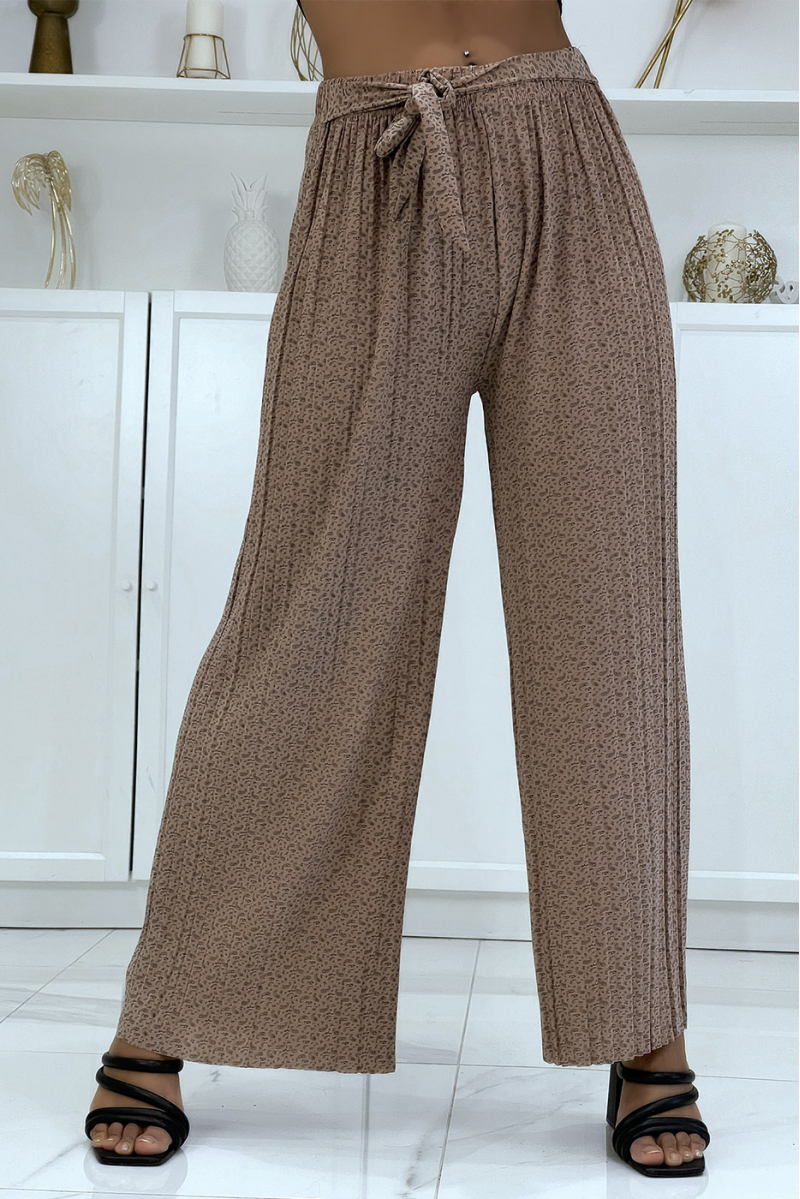 Taupe pleated palazzo pants with pretty pattern - 1