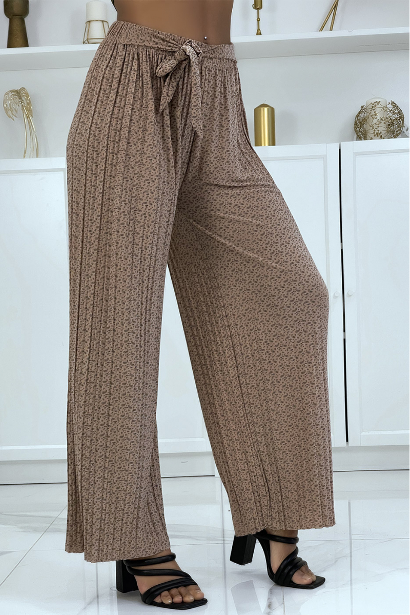 Taupe pleated palazzo pants with pretty pattern - 2