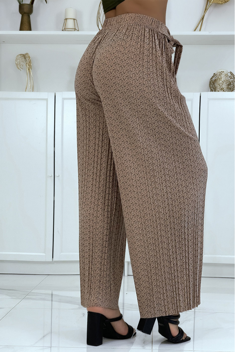 Taupe pleated palazzo pants with pretty pattern - 3