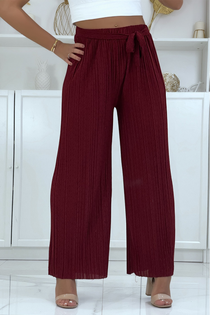 Burgundy pleated palazzo pants with pretty pattern - 1