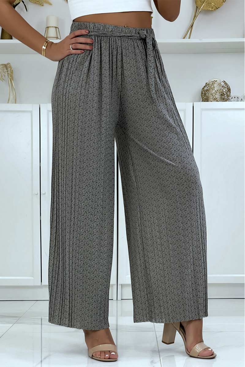 Gray pleated palazzo pants with pretty pattern - 1