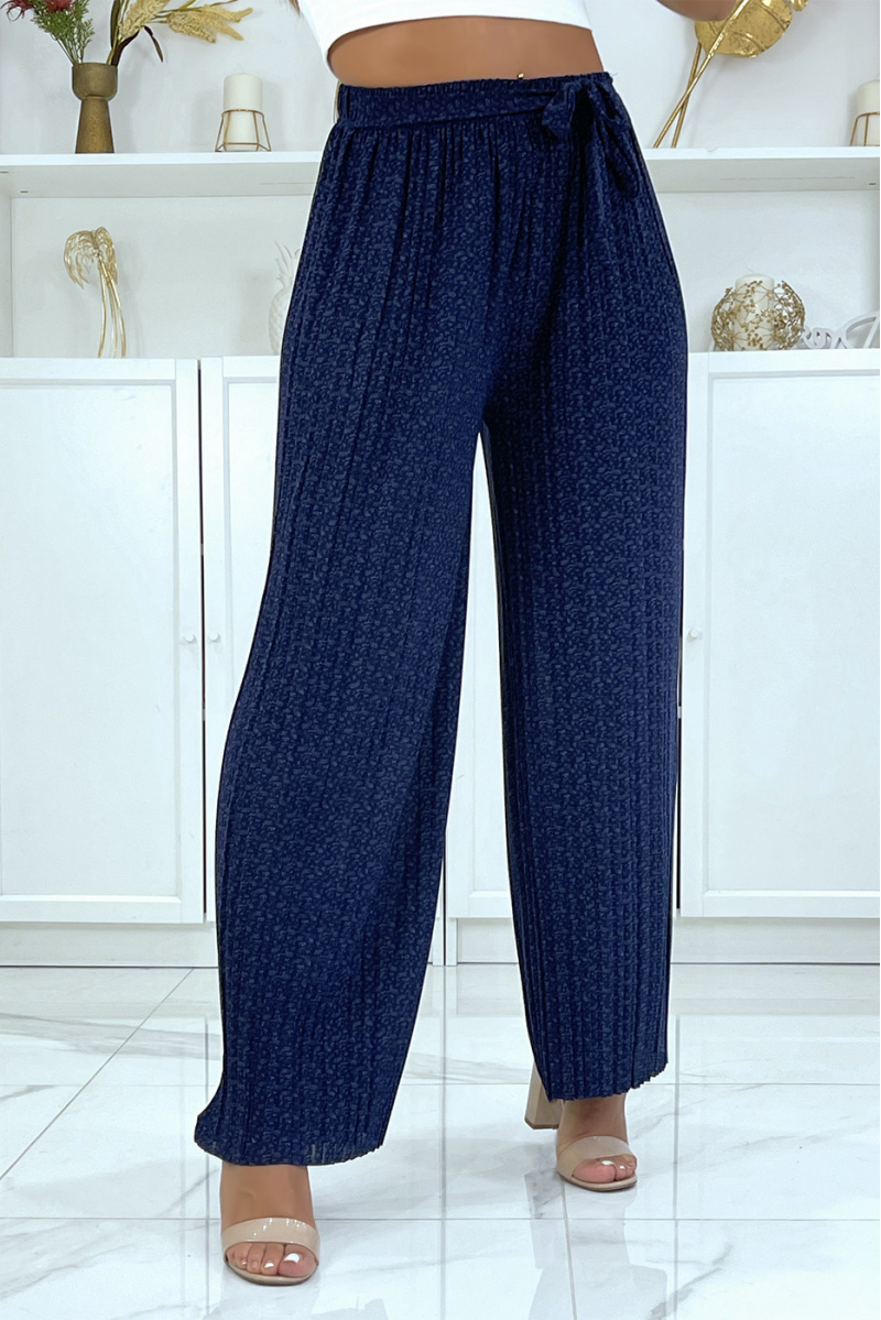 Navy pleated palazzo pants with pretty pattern - 1