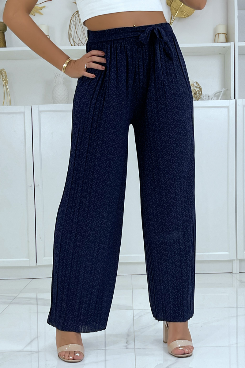 Pantalon palazzo plissé marine avec joli motif - 2