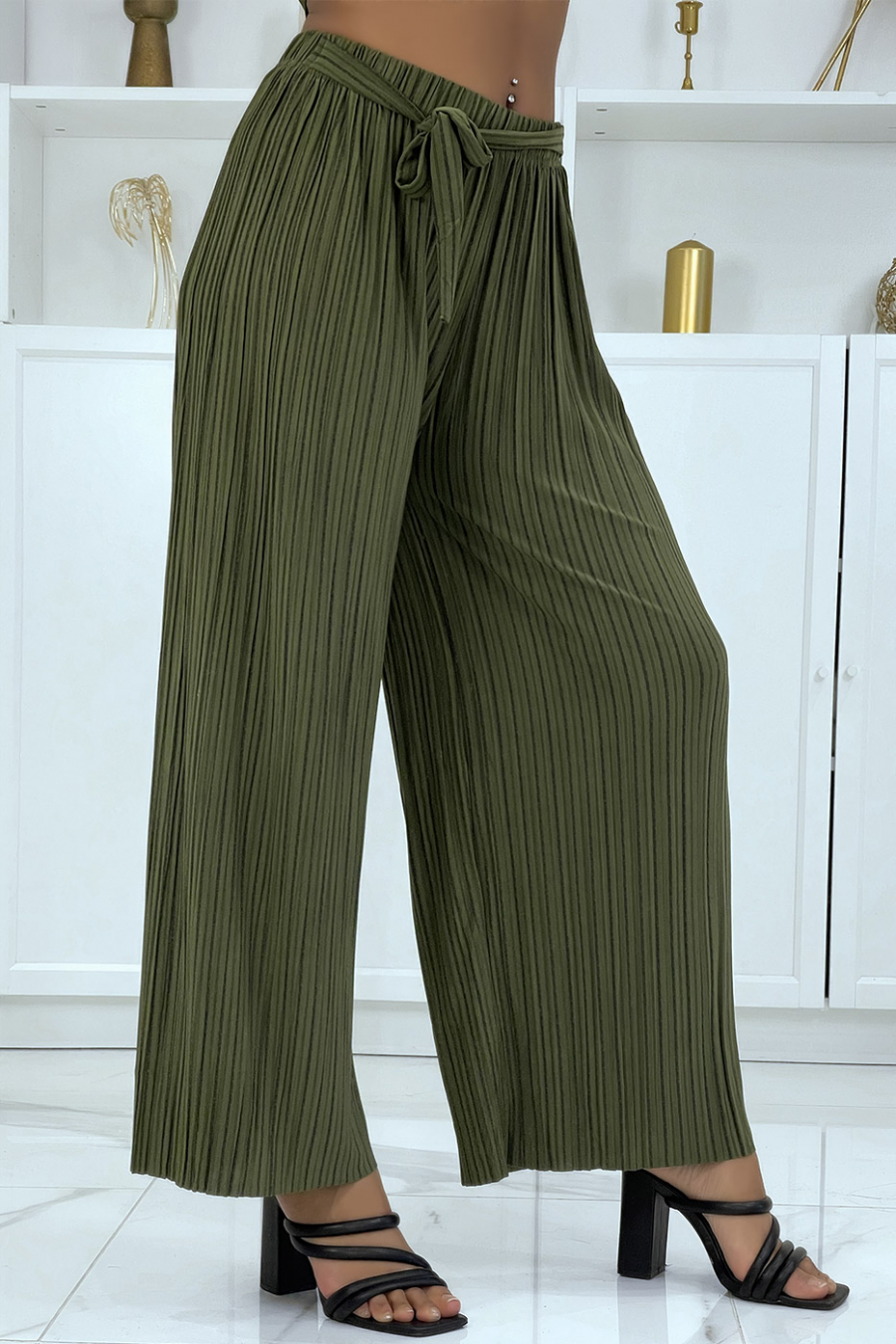 Khaki pleated palazzo pants with pretty stripe - 1