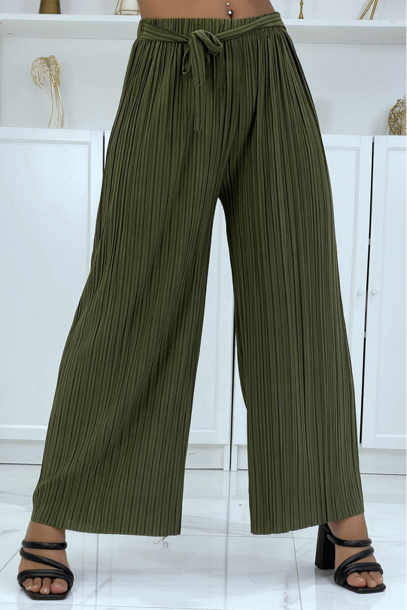 Khaki pleated palazzo pants with pretty stripe - 2