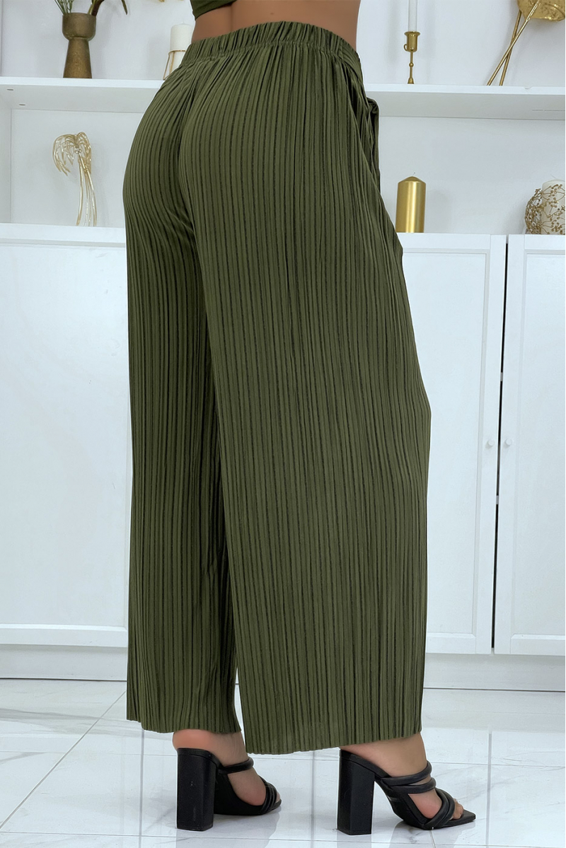 Khaki pleated palazzo pants with pretty stripe - 3