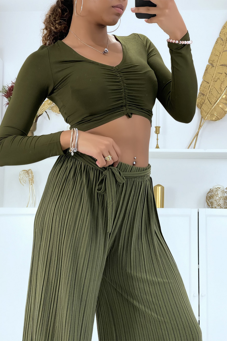 Pantalon palazzo plissé kaki avec joli rayure - 4