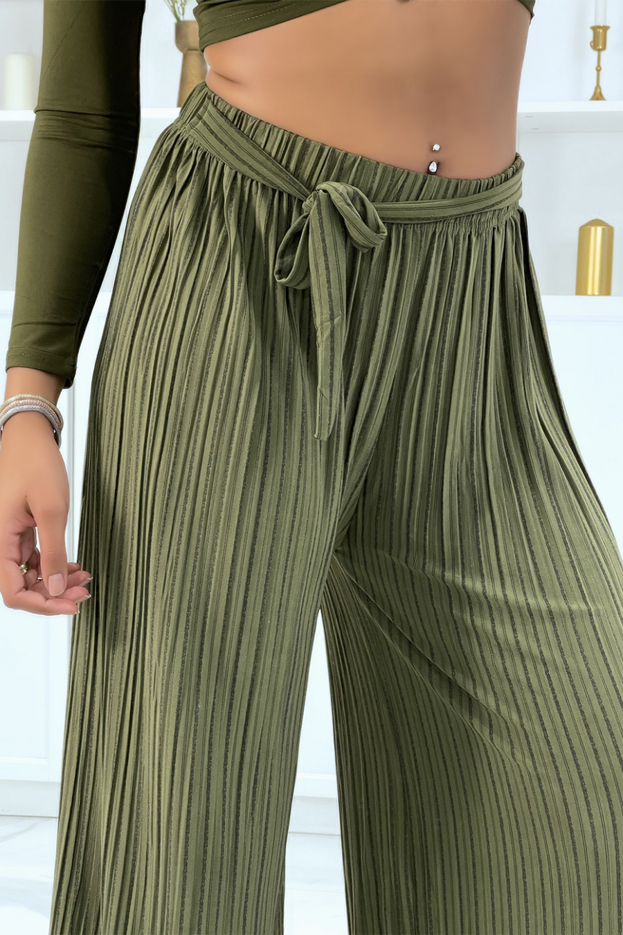 Pantalon palazzo plissé kaki avec joli rayure - 5