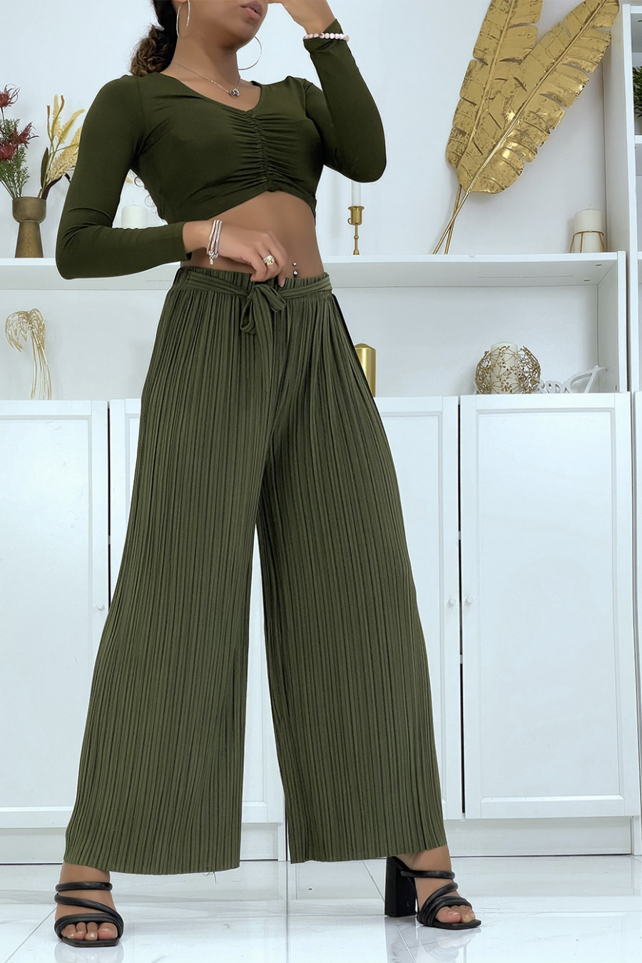 Pantalon palazzo plissé kaki avec joli rayure - 6