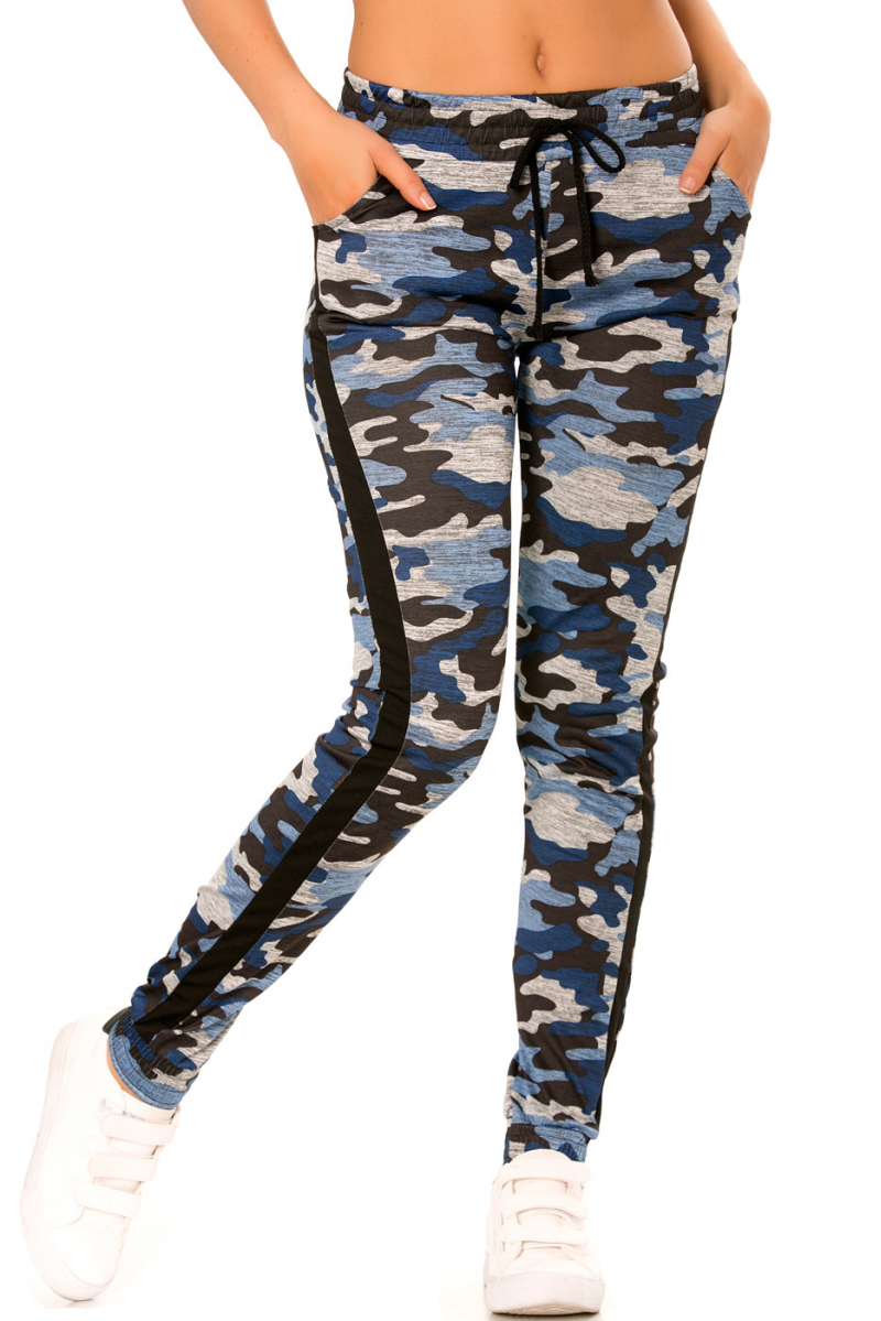 Pantalon jogging militaire bleu avec poches et bandes noires. Enleg 9-104A. - 2